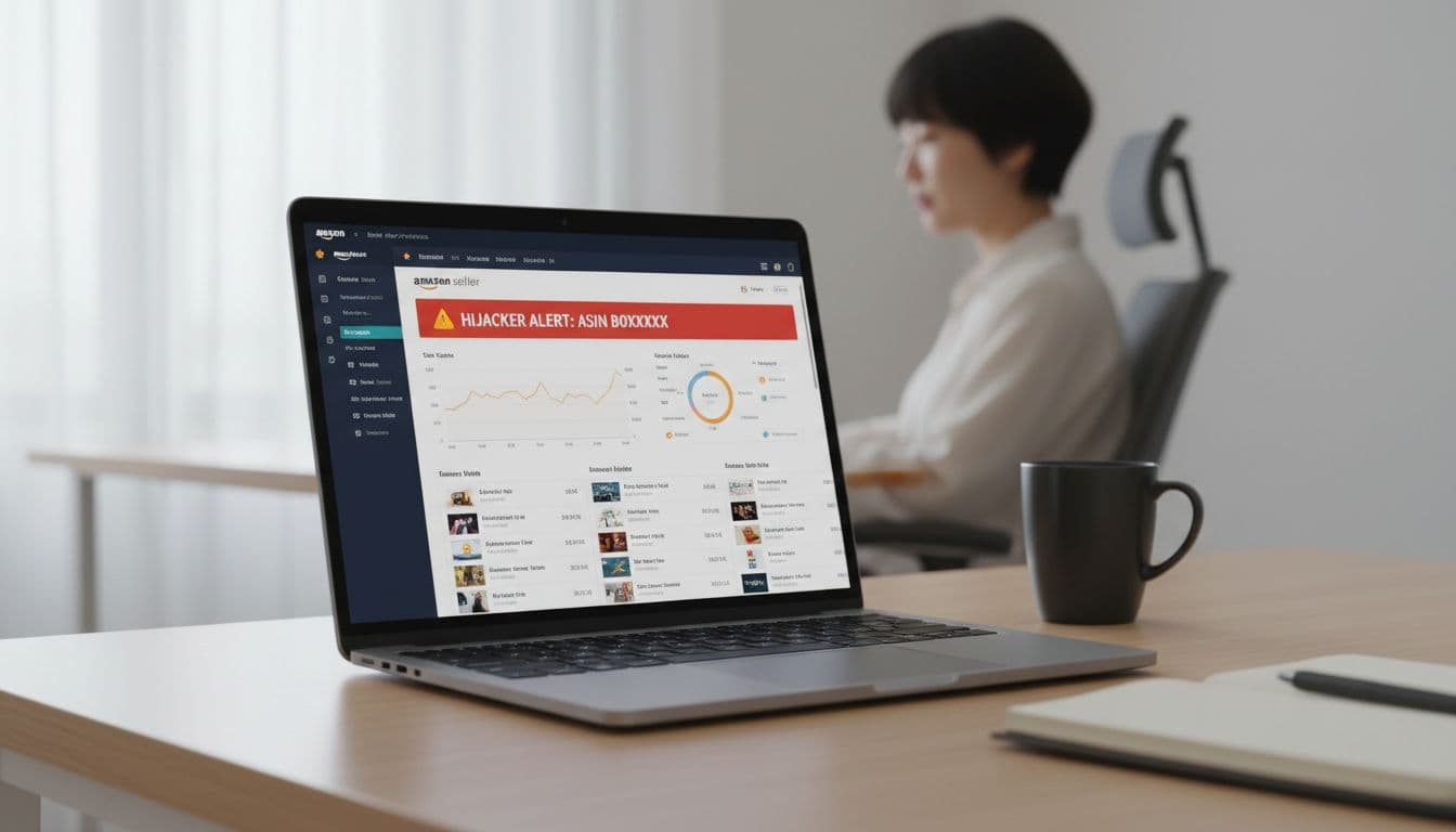 Modern Amazon seller dashboard on a laptop screen displaying a prominent red hijacker alert for a product ASIN, with charts and listings on an office desk alongside a coffee mug and notebook, one person in background.