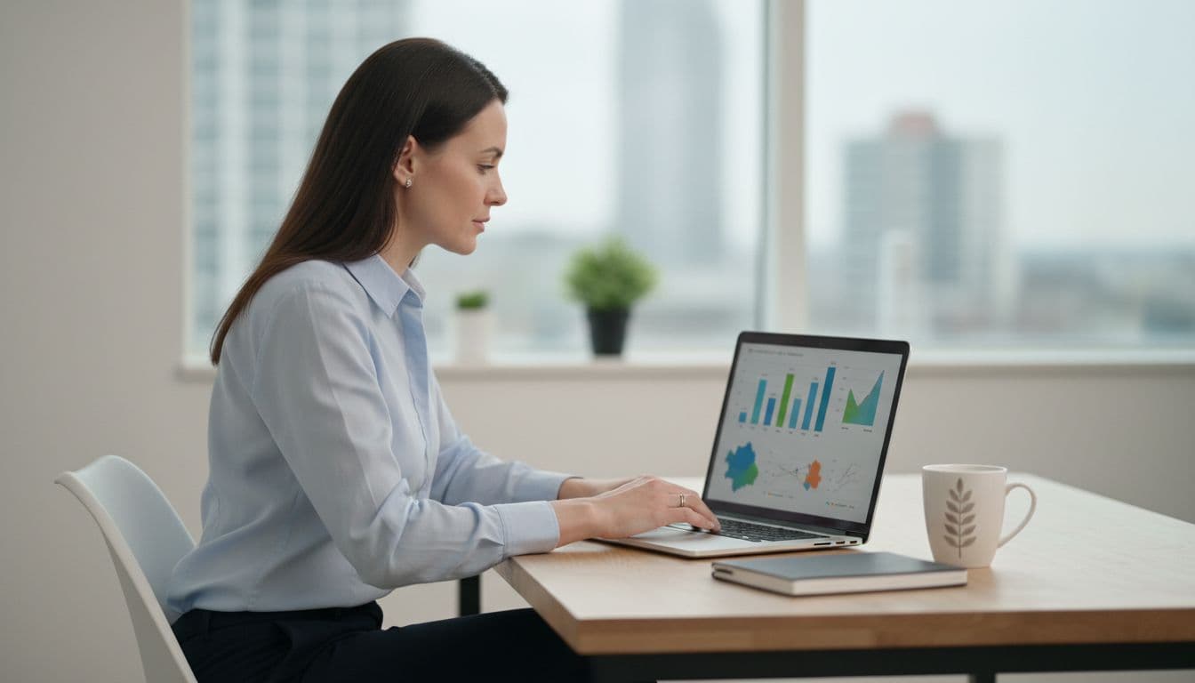 Professional seller seated at modern office desk with open laptop showing blurred EU VAT sales charts, notepad, and coffee mug.
