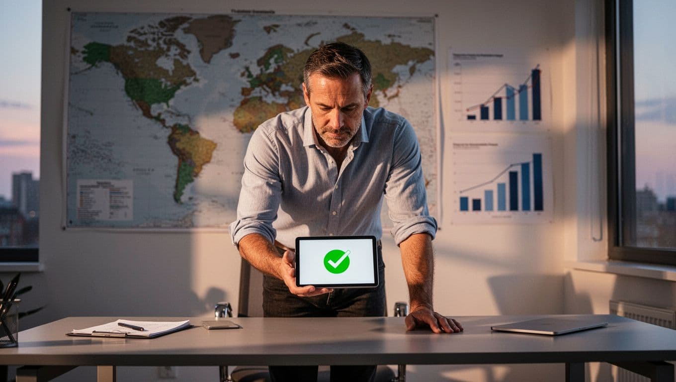 Man in 40s with rolled sleeves leans over desk viewing tablet notification in office with world map and charts.