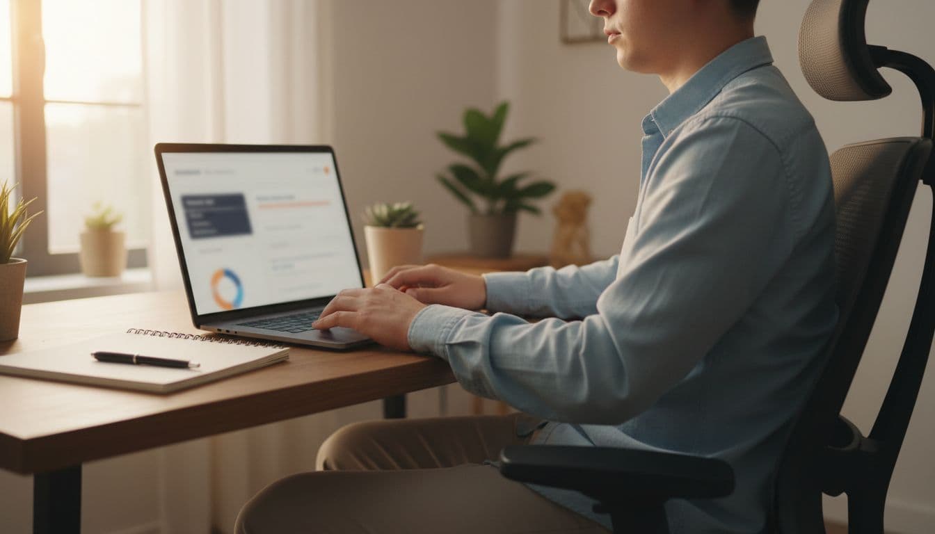 Amazon seller in modern home office setting up listing split test on laptop screen angled away, with blurred charts and title variants, notebook and pen nearby, warm natural light.