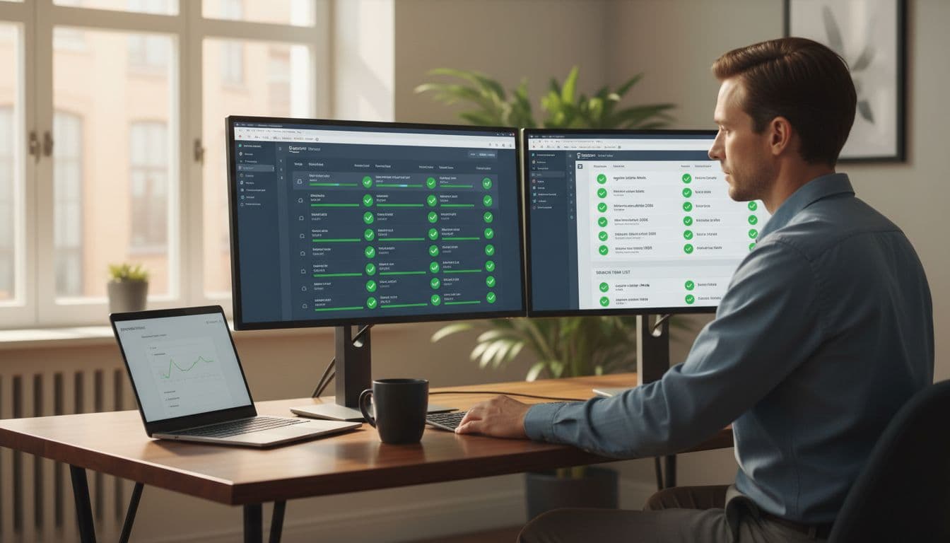 Focused seller at modern desk with dual monitors showing indexing dashboards, one displaying search terms with green checkmarks, laptop, coffee mug, and window daylight.
