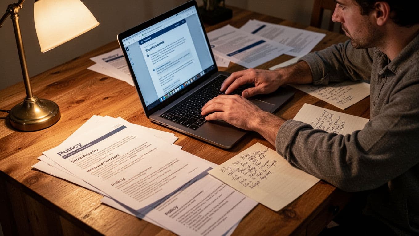 Seller at wooden desk types on laptop surrounded by printed policy pages and notes under warm lamp light.