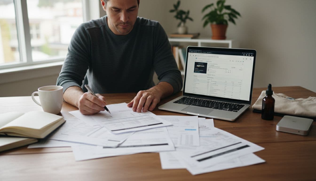 A seller at an organized desk reviews wholesale supplier invoices and product samples, with a laptop displaying Amazon Seller Central and a coffee mug nearby under natural daylight.