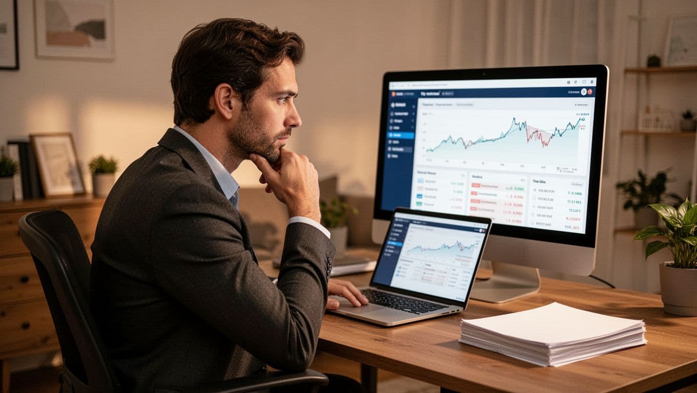 Seller in home office reviews tax filing report on angled computer screen, hand on chin, minimal papers nearby.