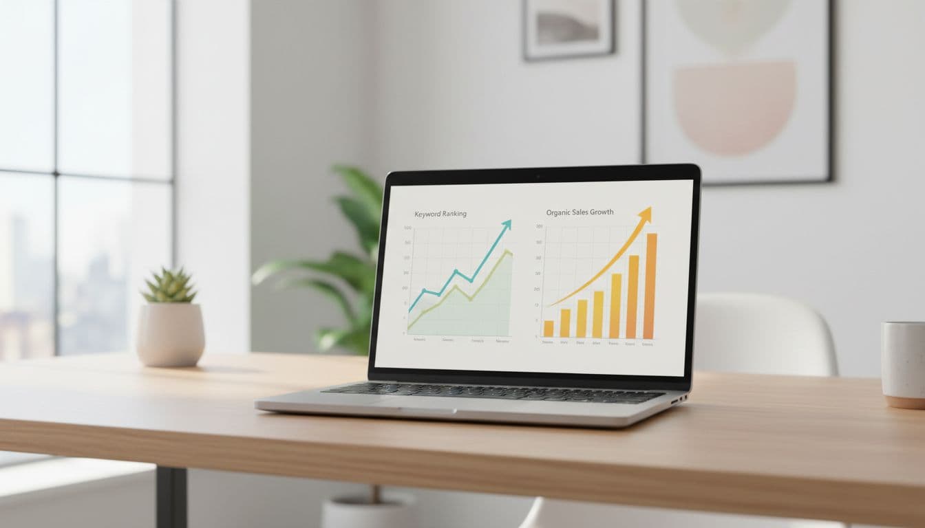 Laptop on wooden desk shows upward keyword ranking and sales growth charts in bright home office.