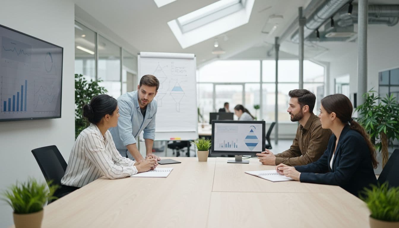 Four diverse Amazon marketing experts review data on shared screens and notebooks beside a whiteboard with sales funnel sketches in a bright open office.