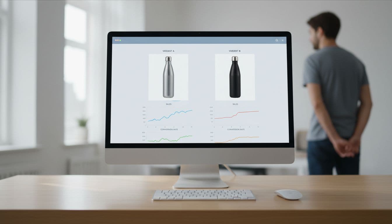 Clean computer screen showing Amazon listing split testing dashboard with two product variants side by side, sales and conversion graphs, in a modern workspace with keyboard, mouse, and one person reviewing data in natural daylight.
