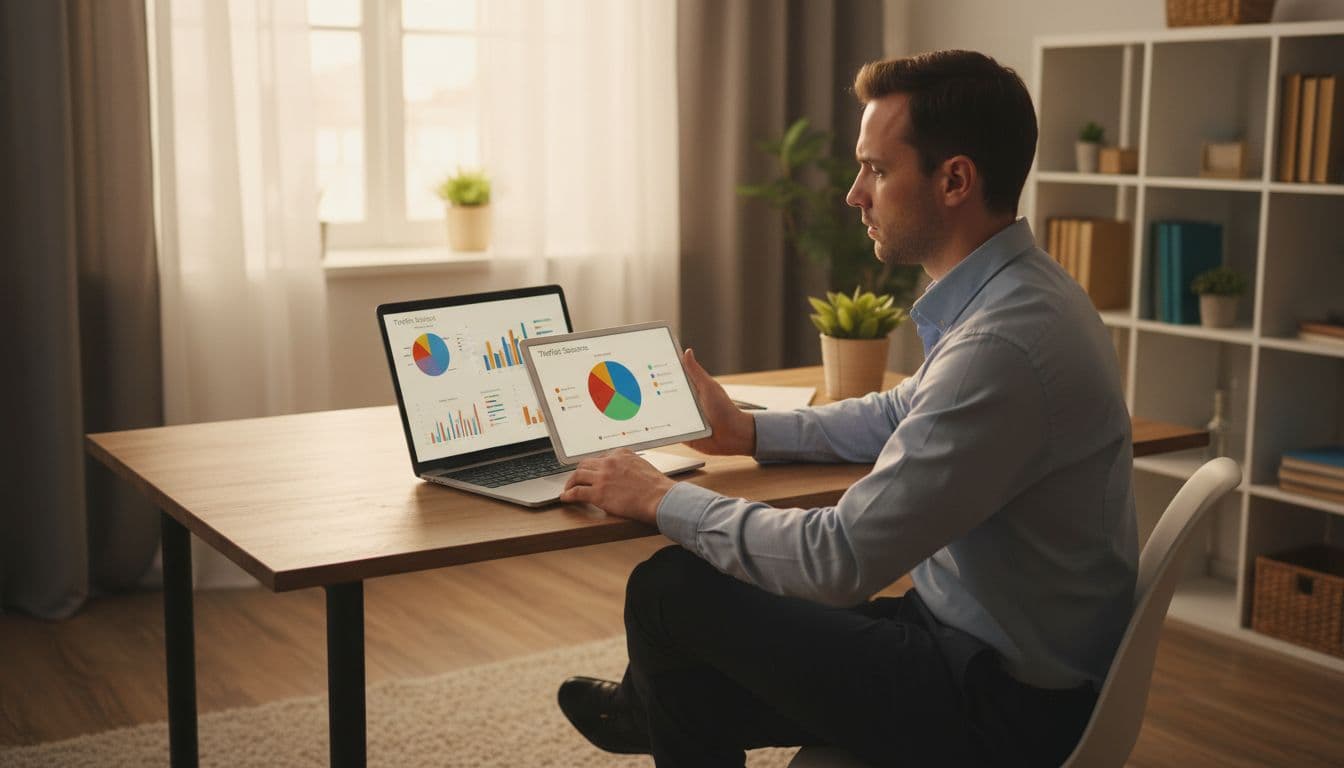 Person in casual business attire sits at home office desk reviewing traffic charts on tablet and laptop.