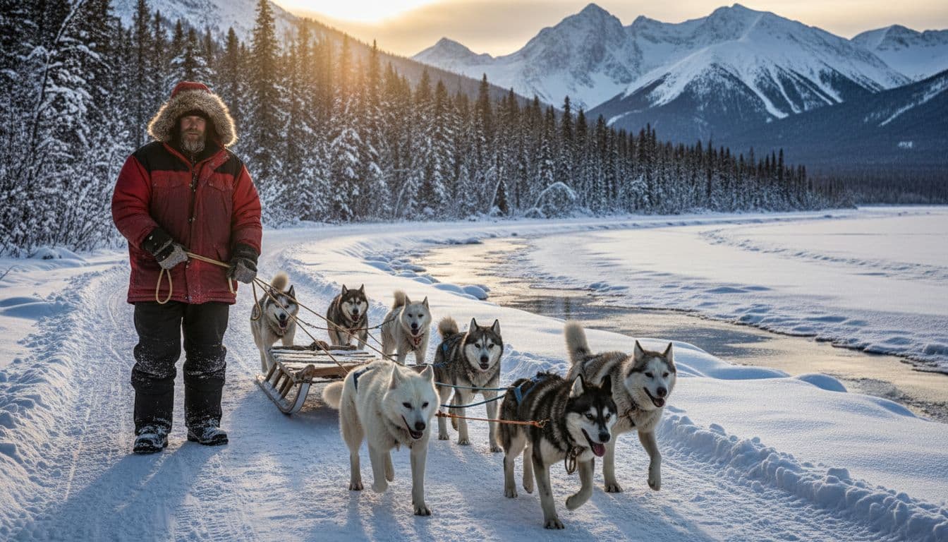 Rugged outdoorsman like Andy Bassich in heavy winter parka and boots leads eight sled dogs pulling a wooden sled along a snowy trail beside the frozen Yukon River, with dense snowy forest, distant mountains, and dramatic winter sunlight.