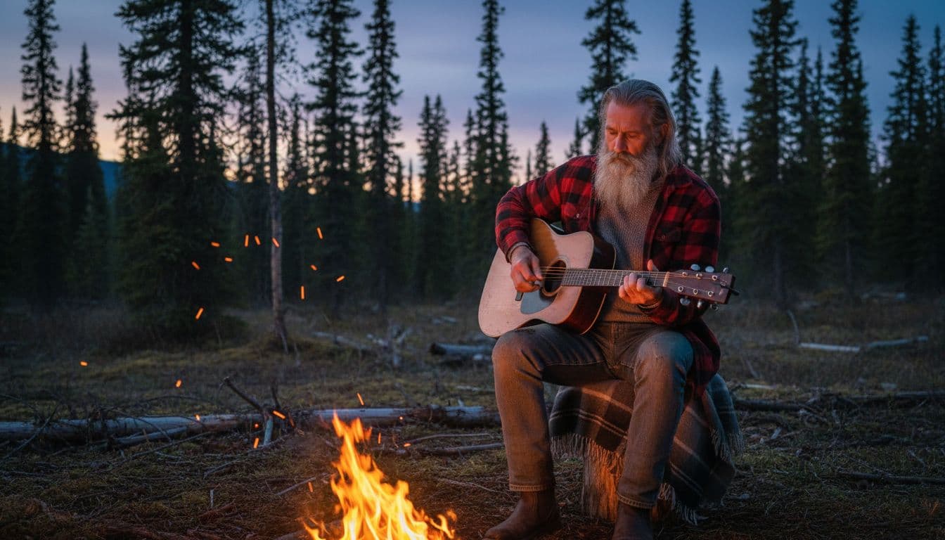 Older man with gray beard plays acoustic guitar by campfire in Alaskan woods at dusk, firelight illuminating his flannel-shirted face.