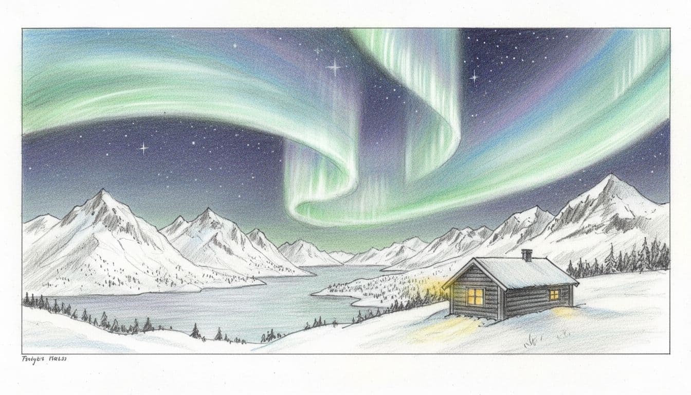 Hand-drawn graphite sketch of vibrant aurora borealis swirling over snowy fjords and mountains in Tromsø, Norway, with a cozy wooden cabin glowing warmly in the foreground under a starry winter night sky.