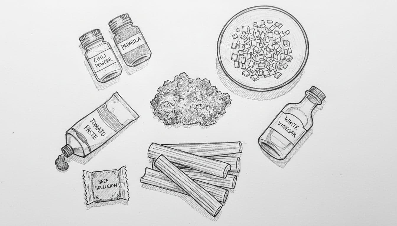Hand-drawn sketch in flat lay composition showing the seven essential ingredients for copycat A&W coney sauce recipe on a wooden kitchen counter: ground beef, chopped onions, celery, tomato paste, chili powder, paprika, vinegar, and beef bouillon cube.