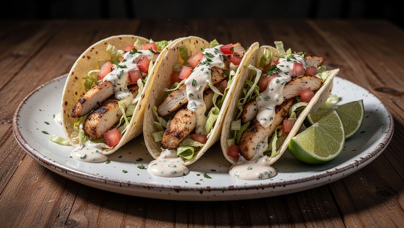 Three soft shell tacos on a rustic white plate topped with grilled chicken strips, shredded lettuce, diced tomatoes, and drizzles of creamy Baja sauce with herb flecks, accompanied by a lime wedge on a wooden table.