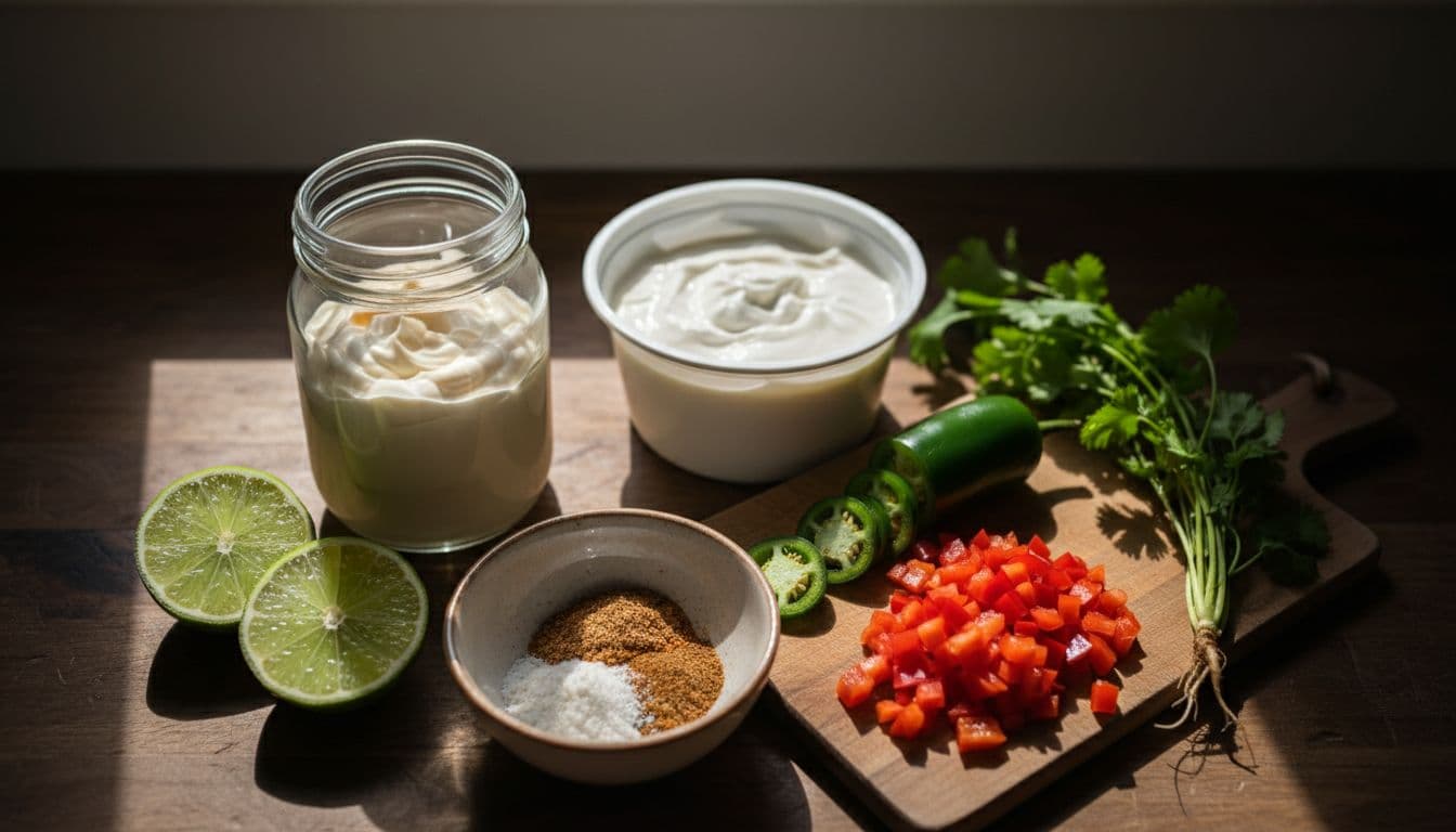 Close-up overhead composition of ingredients for homemade Baja sauce on a wooden kitchen counter, featuring jar of mayonnaise, tub of sour cream, sliced fresh jalapeno, diced red bell pepper, bunch of cilantro, bowl of garlic powder and cumin, and lime halves. Cinematic style with strong contrast, depth, and dramatic side lighting.