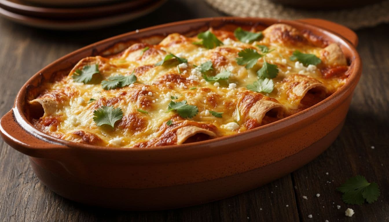 A bubbling baked enchilada casserole sits in a rustic dish topped with melted cheese and fresh cilantro.