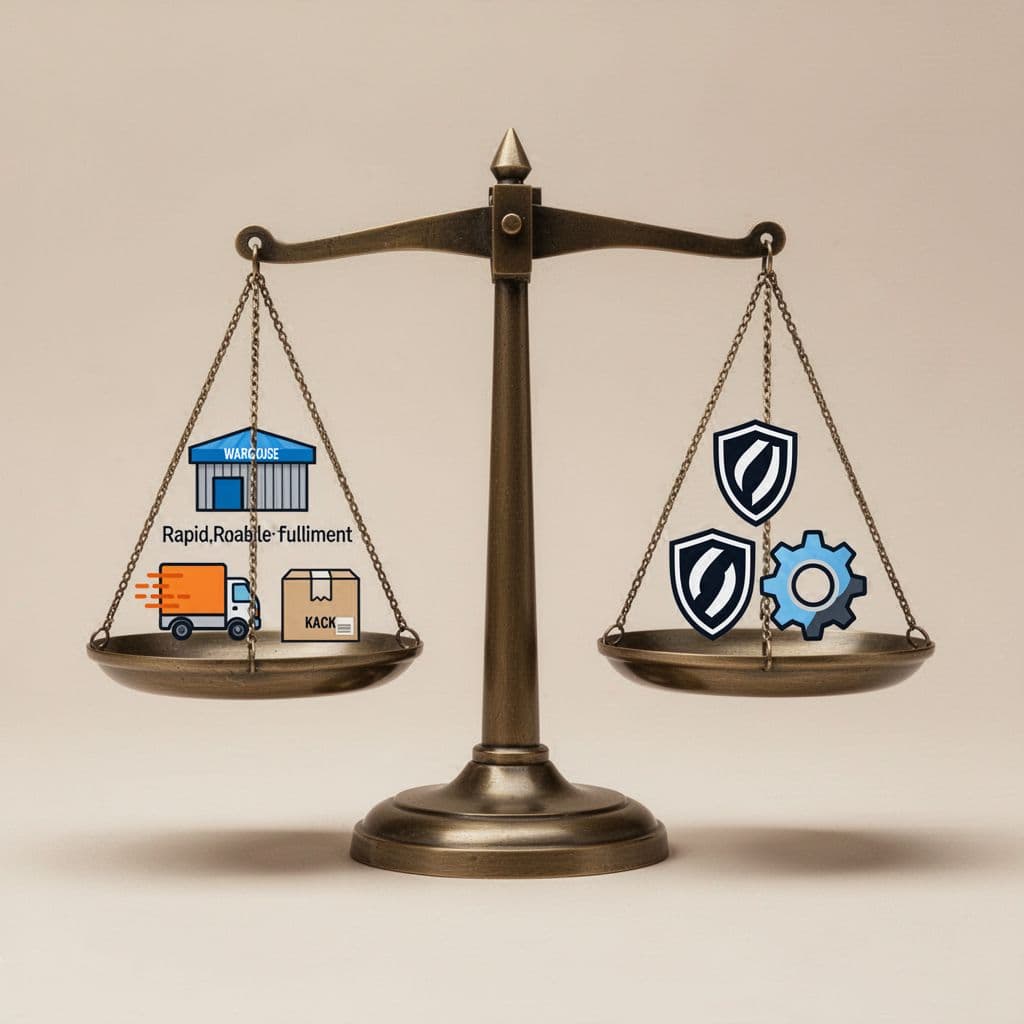 Balanced scale with Amazon warehouse, truck, and package icons on one side opposing custom branding symbols.