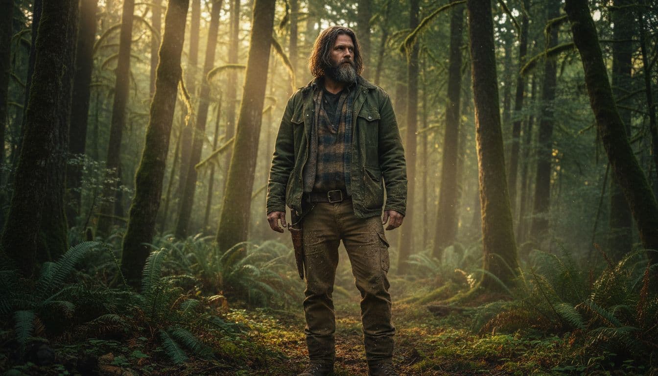 A man with long shaggy hair and outdoor clothing stands in a dense, green forest.