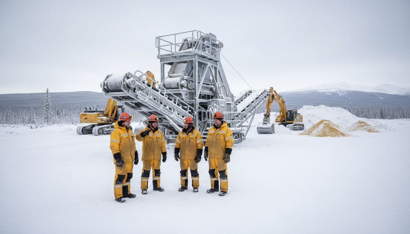 Group of four Beets family gold miners in winter gear standing near a massive wash plant at Yukon mining operation, with excavators and gold piles in the remote snowy wilderness.