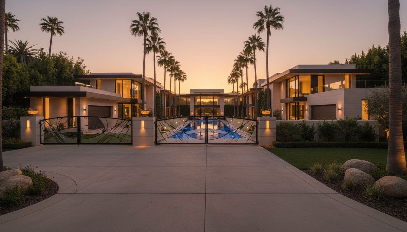 Luxury Bel-Air mansion exterior at dusk, featuring modern architecture with palm trees and pool, wide driveway, elegant gates, cinematic golden hour lighting, photorealistic style, no people, no cars, no text, no logos, no watermarks.