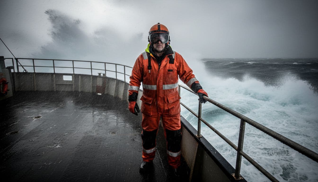 Rugged 40-year-old crab boat captain in orange survival suit and helmet stands confidently on wet deck of fishing vessel amid stormy Bering Sea with massive waves, gripping railing naturally under dramatic moody lighting with rain and mist.