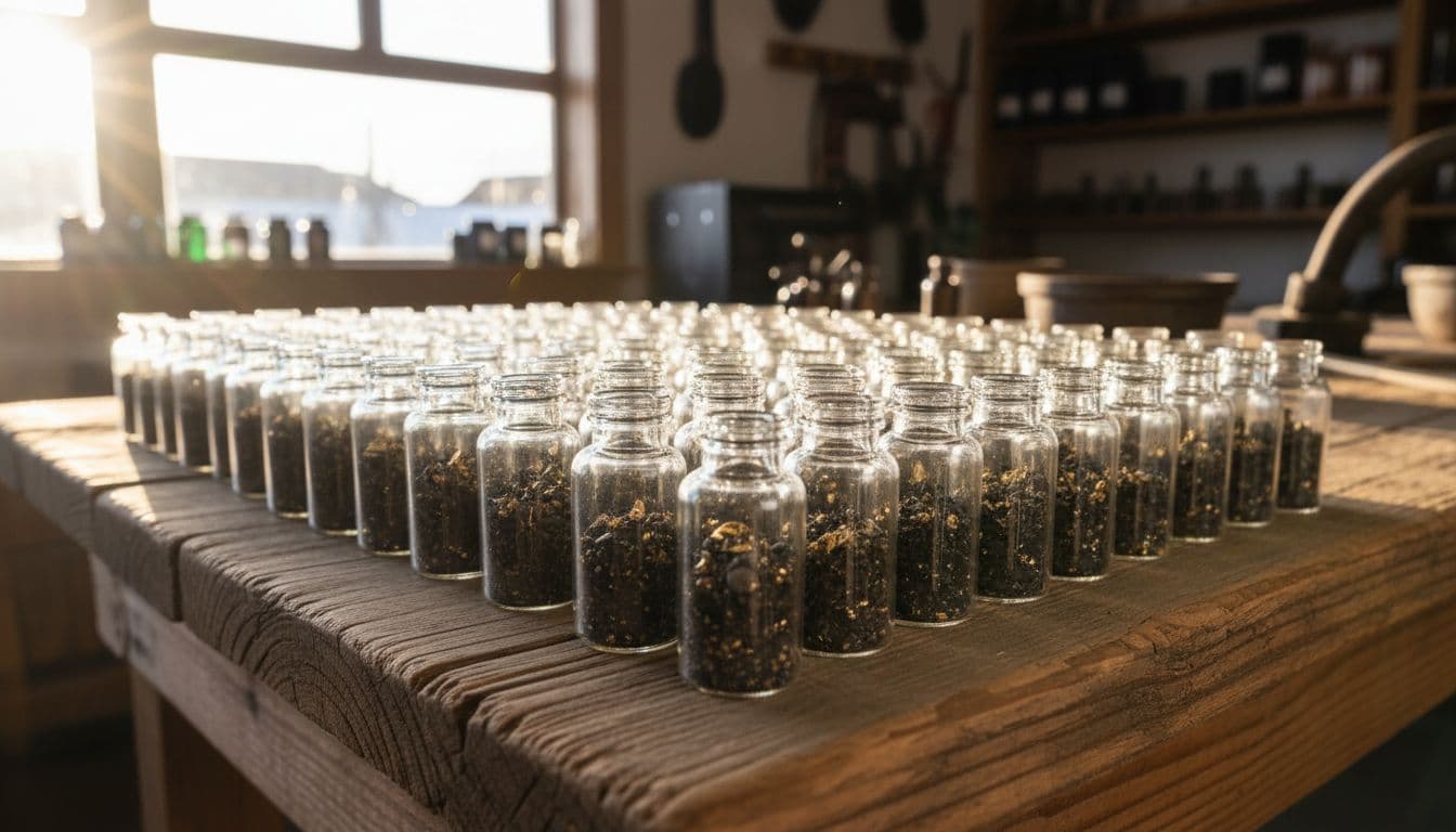 Several small clear glass vials containing Bering Sea pay dirt with visible tiny gold flecks, neatly arranged on a rustic wooden display table in an Alaskan mining shop. Natural window light highlights the gold sparkles in this hyper-realistic product close-up.