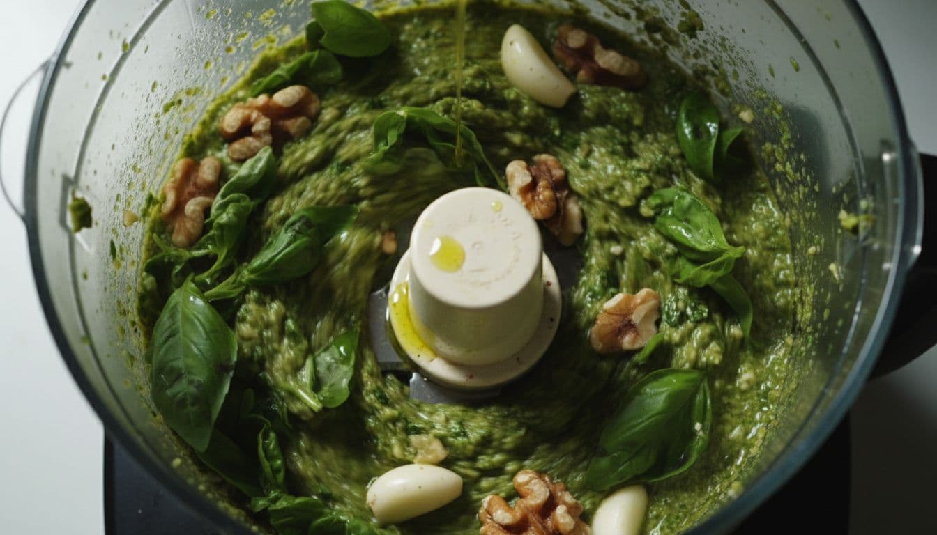 A food processor bowl contains fresh basil, garlic, and walnuts being pulsed into a textured green sauce.