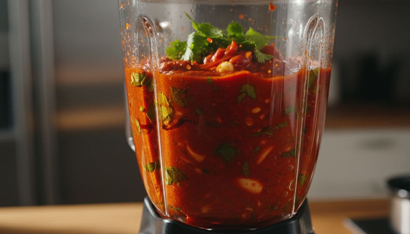 Close-up of glass blender jar blending red peri peri sauce with herbs and garlic, blurred kitchen background.