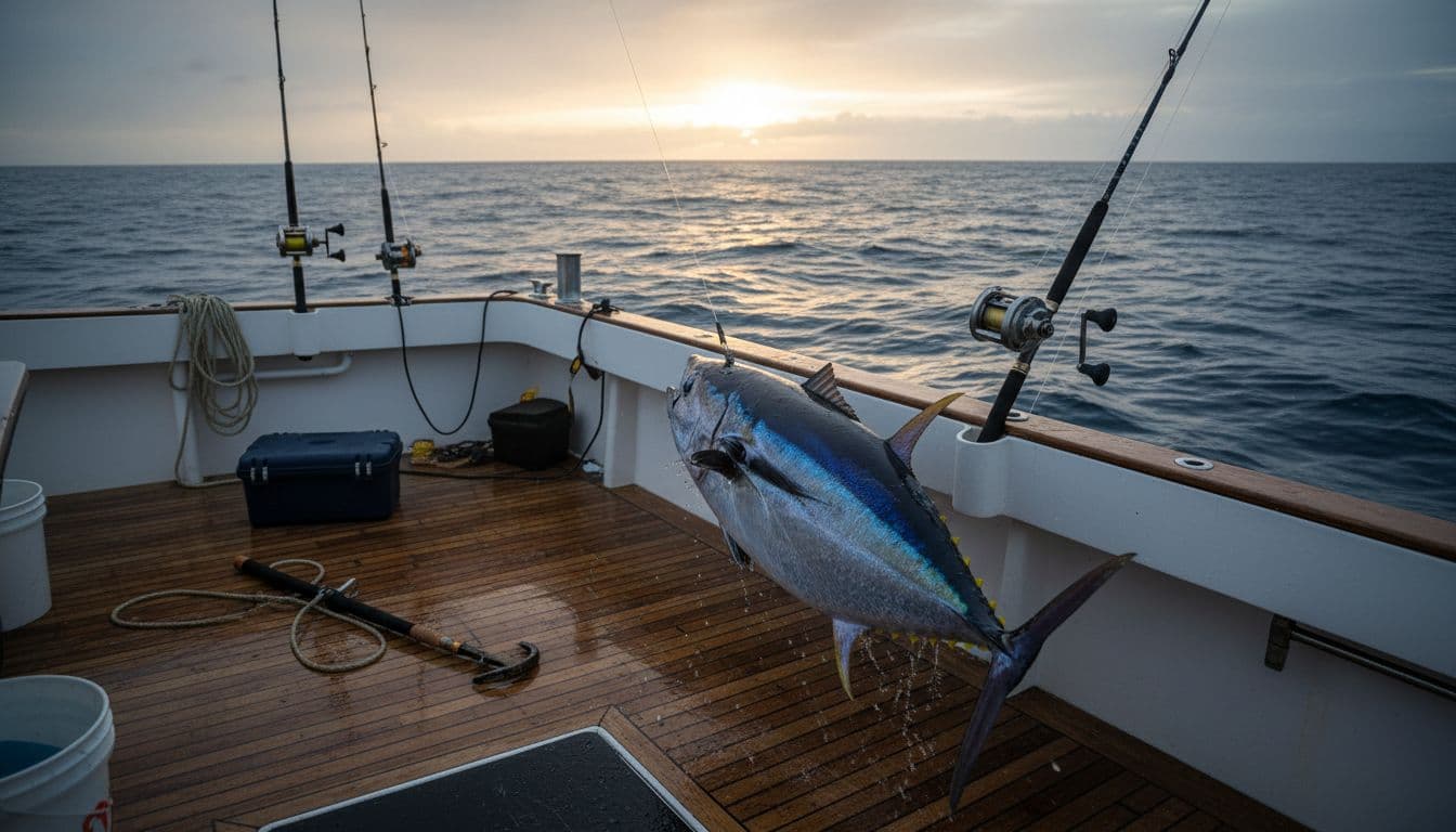 Close-up of a bluefin tuna being reeled in on a fishing boat deck surrounded by rods and gear, with the ocean horizon in the background, capturing a dynamic action moment in realistic photo style under natural lighting.