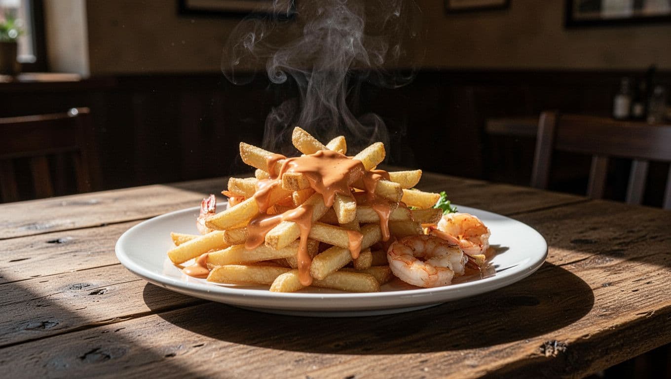 Golden french fries piled high on a white plate, generously drizzled with creamy orange boom boom sauce, with a few shrimp on the side, on a rustic wooden table in a cozy dining area. Steam rises from the hot fries in cinematic style with strong contrast and dramatic lighting.
