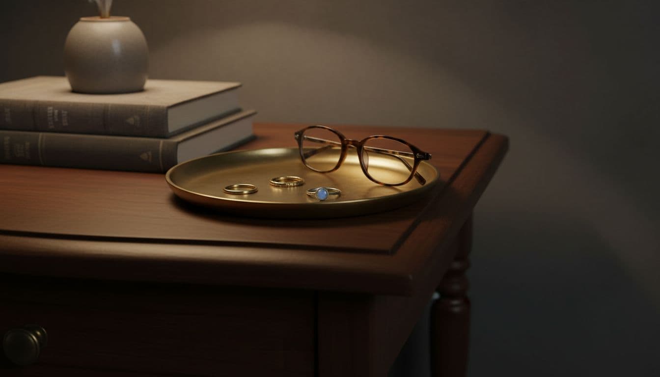 A small brass tray holds rings and glasses on a wooden bedside table with soft lighting.