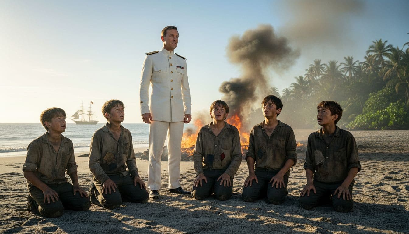 A British naval officer in crisp white uniform stands tall on a sandy beach facing six ragged, dirty boys aged 10-14 kneeling with ash-smeared faces and shocked expressions, as smoke rises from a jungle fire behind and a naval ship appears on the ocean horizon.