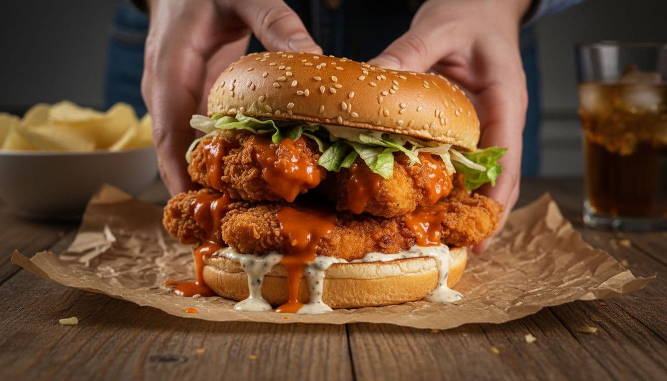 Side view of buffalo chicken sandwich on toasted bun with shredded lettuce and dripping sauce, held by hands on parchment paper with chips in background.