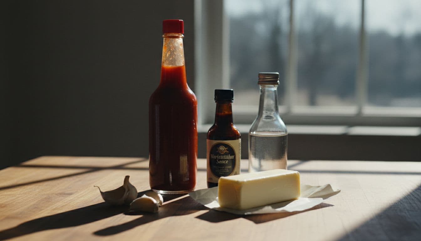 Hot sauce bottle, butter stick, garlic cloves, Worcestershire sauce, and vinegar neatly arranged on wooden kitchen counter.