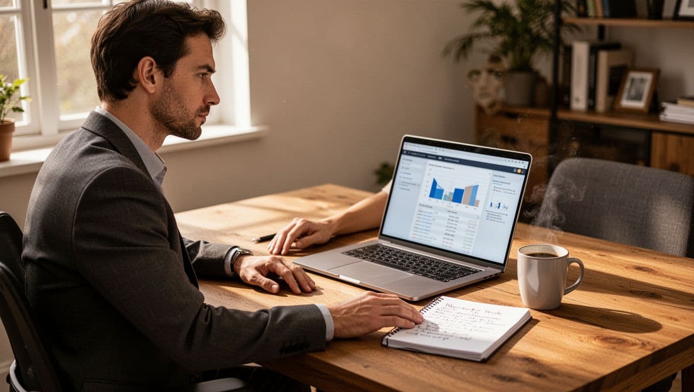 Business analyst at wooden desk in home office views blurred agency spreadsheet on laptop with notepad, pen, and coffee mug.