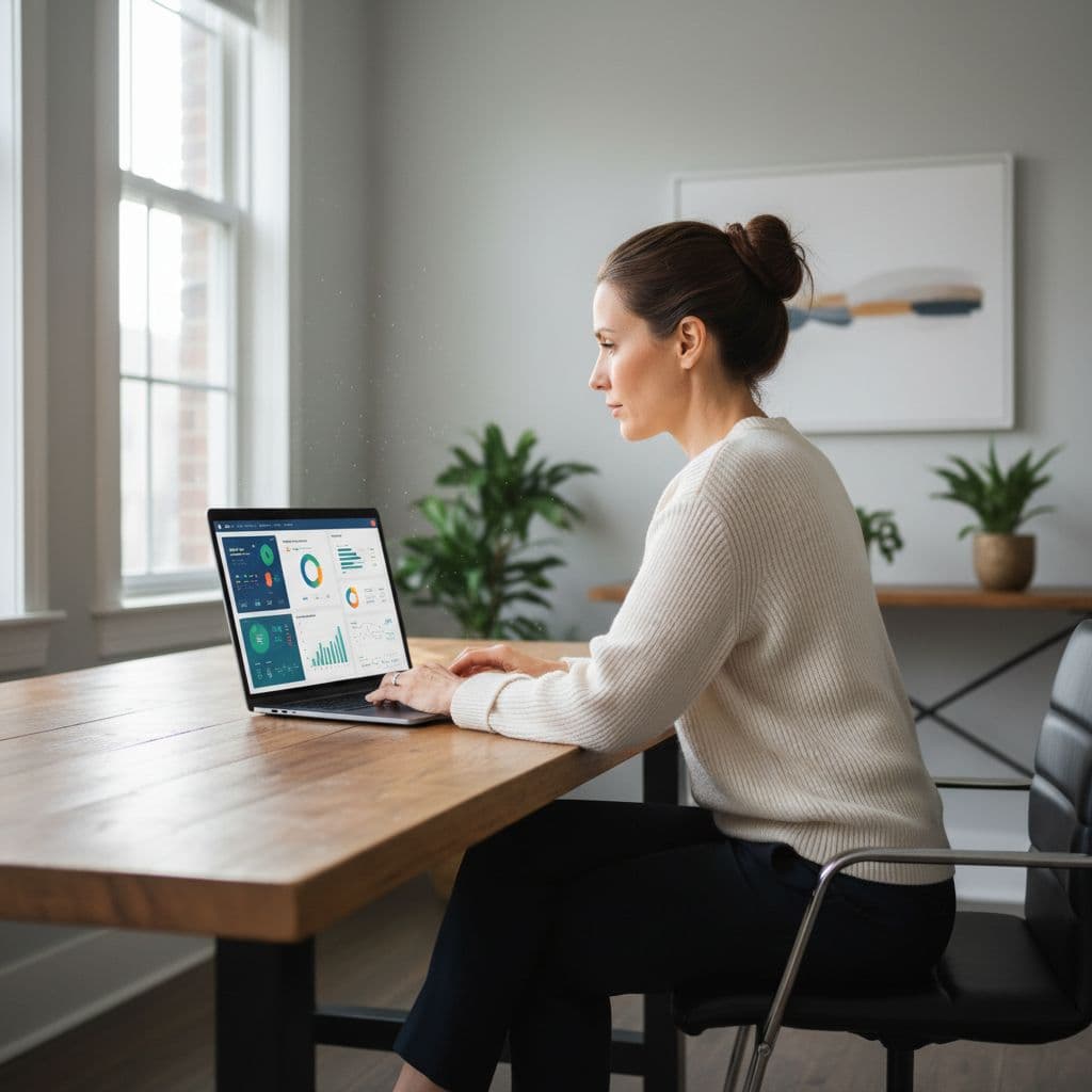 A business owner works on a laptop in a bright, clean office.