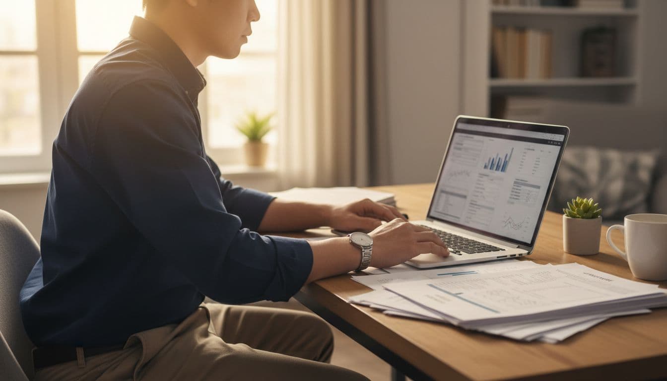 Person in business casual reviewing invoice documents and laptop screen with supplier details in a home office setting, captured from a side angle with warm daylight lighting in photorealistic style.