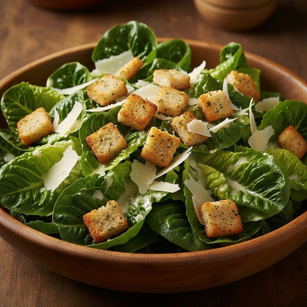 Wooden bowl with romaine lettuce, croutons, parmesan cheese, and dressing.