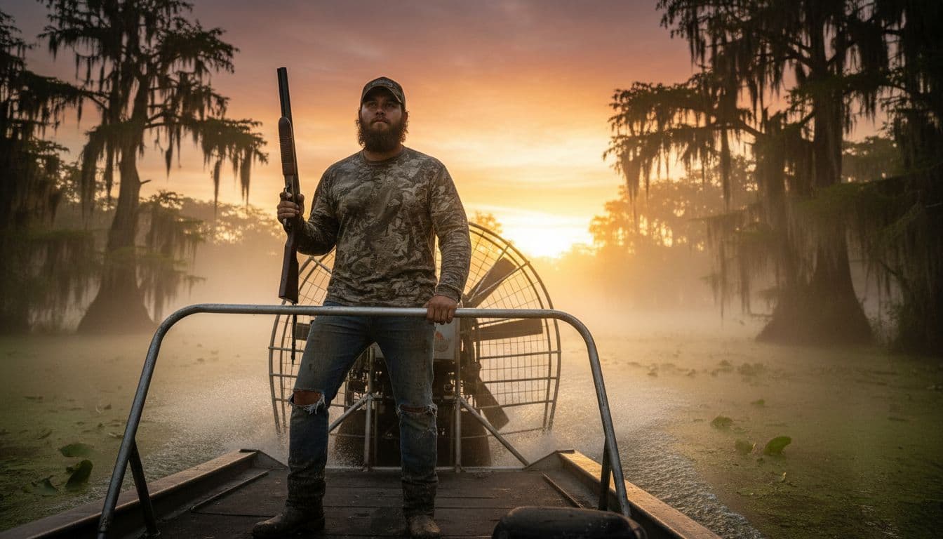 Rugged young man like Chase Landry, a Cajun alligator hunter, on an airboat in foggy Louisiana swamp with cypress trees at golden hour sunset, holding shotgun loosely, realistic low-angle photo.