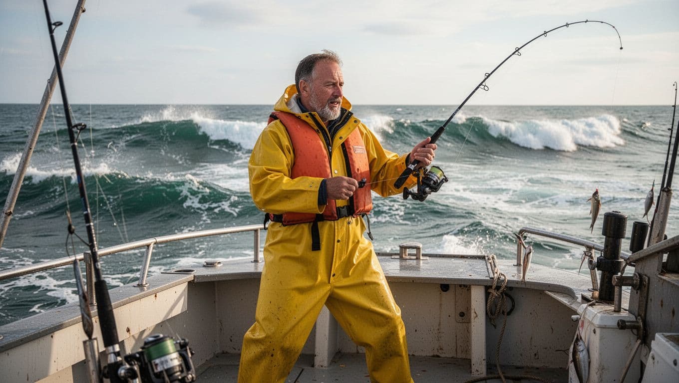 Dave Carraro, middle-aged man with short hair and beard, stands dynamically on the deck of his fishing boat FV-Tuna.com during bluefin tuna fishing off the Gloucester, Massachusetts coast, wearing yellow rain gear and orange life vest while holding a fishing rod, with ocean waves in the background.