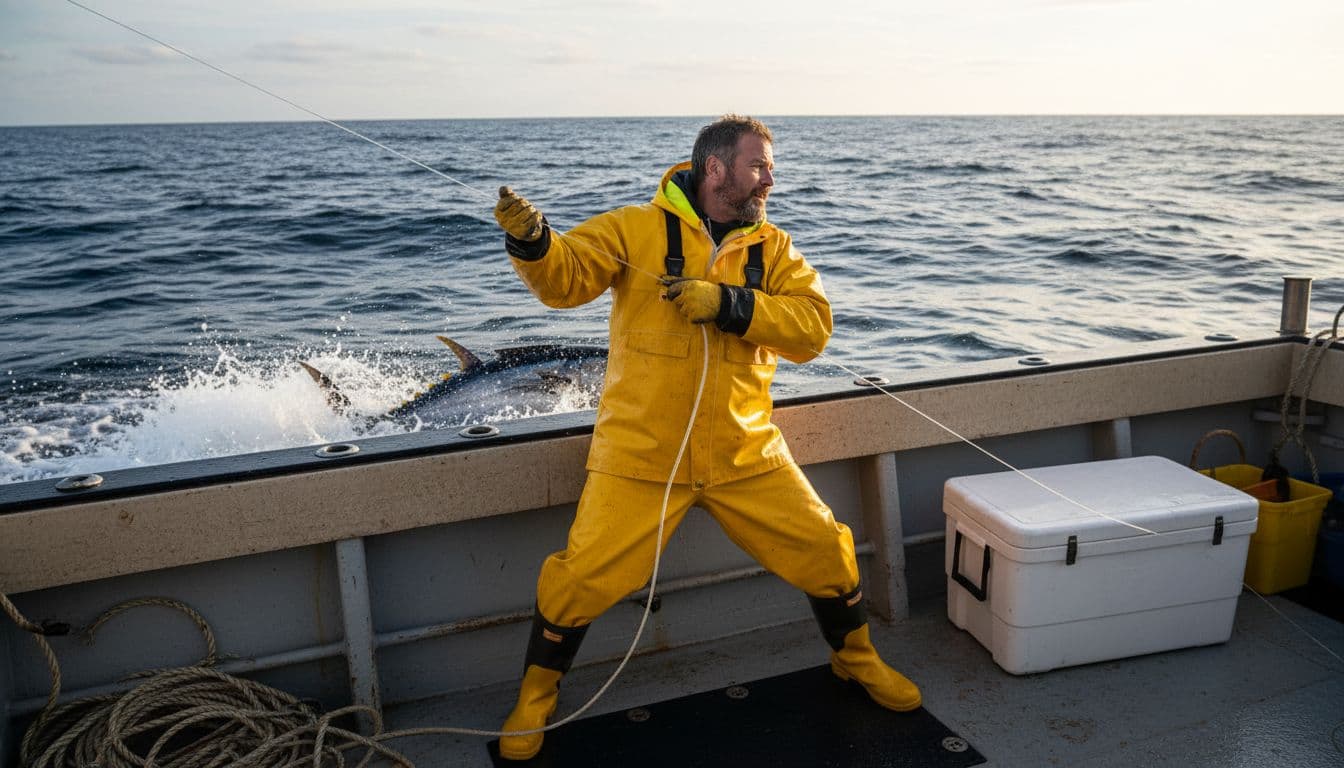 Captain Dave Marciano dynamically pulls in a fishing line on the deck of his boat Hard Merchandise at sea during bluefin tuna season, wearing yellow rain jacket and boots with ocean waves in the background.