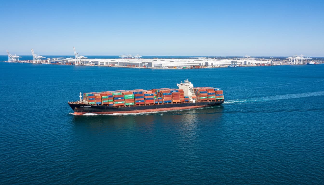 Shipping containers on a large cargo ship sailing across the ocean toward a port with Amazon fulfillment centers on the horizon, under clear blue skies.
