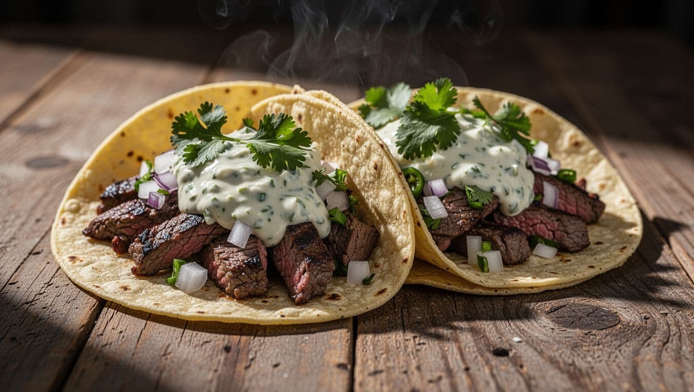 Two soft corn tortillas filled with grilled carne asada, topped with creamy jalapeño sauce, diced onions, and cilantro, steam rising on wooden table.