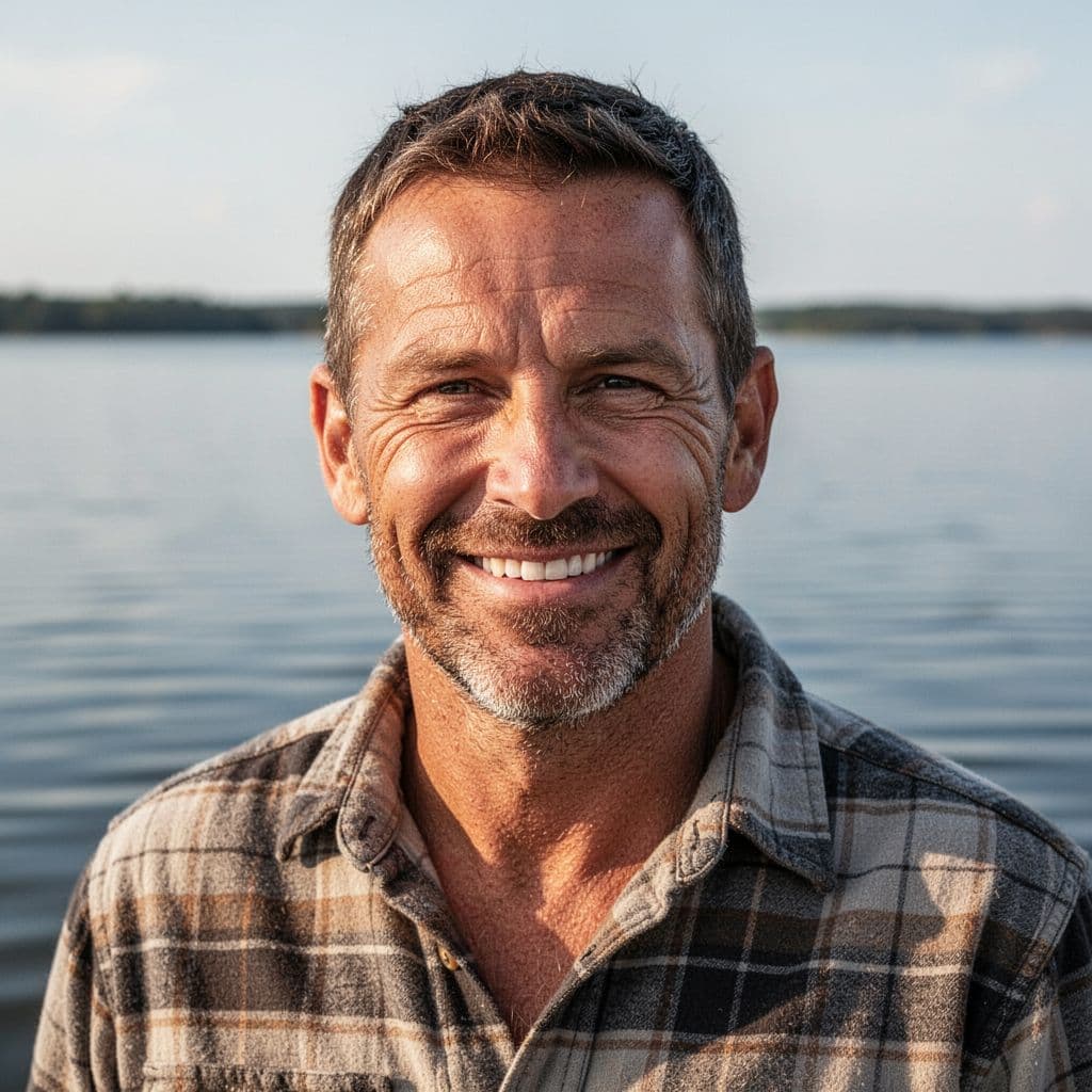 Close-up portrait of mid-40s rugged fisherman Casey McManus with short hair, beard stubble, wearing casual flannel shirt outdoors near water, smiling confidently in natural daylight with soft shadows. Realistic photo style featuring exactly one person, no text or logos.