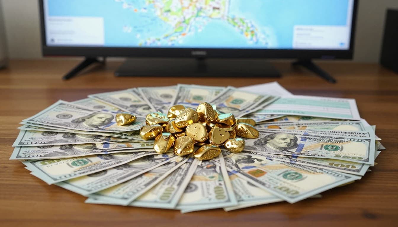A stack of cash and gold nuggets sits on a wooden table next to TV contract papers and a check, against an Alaskan map background in soft natural light. This realistic still life photo symbolizes TV earnings and net worth with no people, text, or watermarks.
