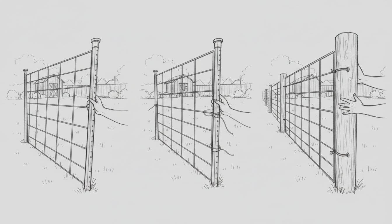 Hand-drawn graphite sketch on light gray paper showing a person installing a cattle panel fence in a backyard: first panel leaned against T-post, second secured with wire ties, third attached to wood post, sequential from left to right.