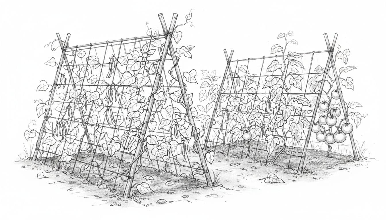 Hand-drawn graphite sketch of a cattle panel trellis supporting climbing beans and tomatoes in a home vegetable garden. Panels leaned against stakes with vines growing up in a bright outdoor setting, featuring light shading on a white background.