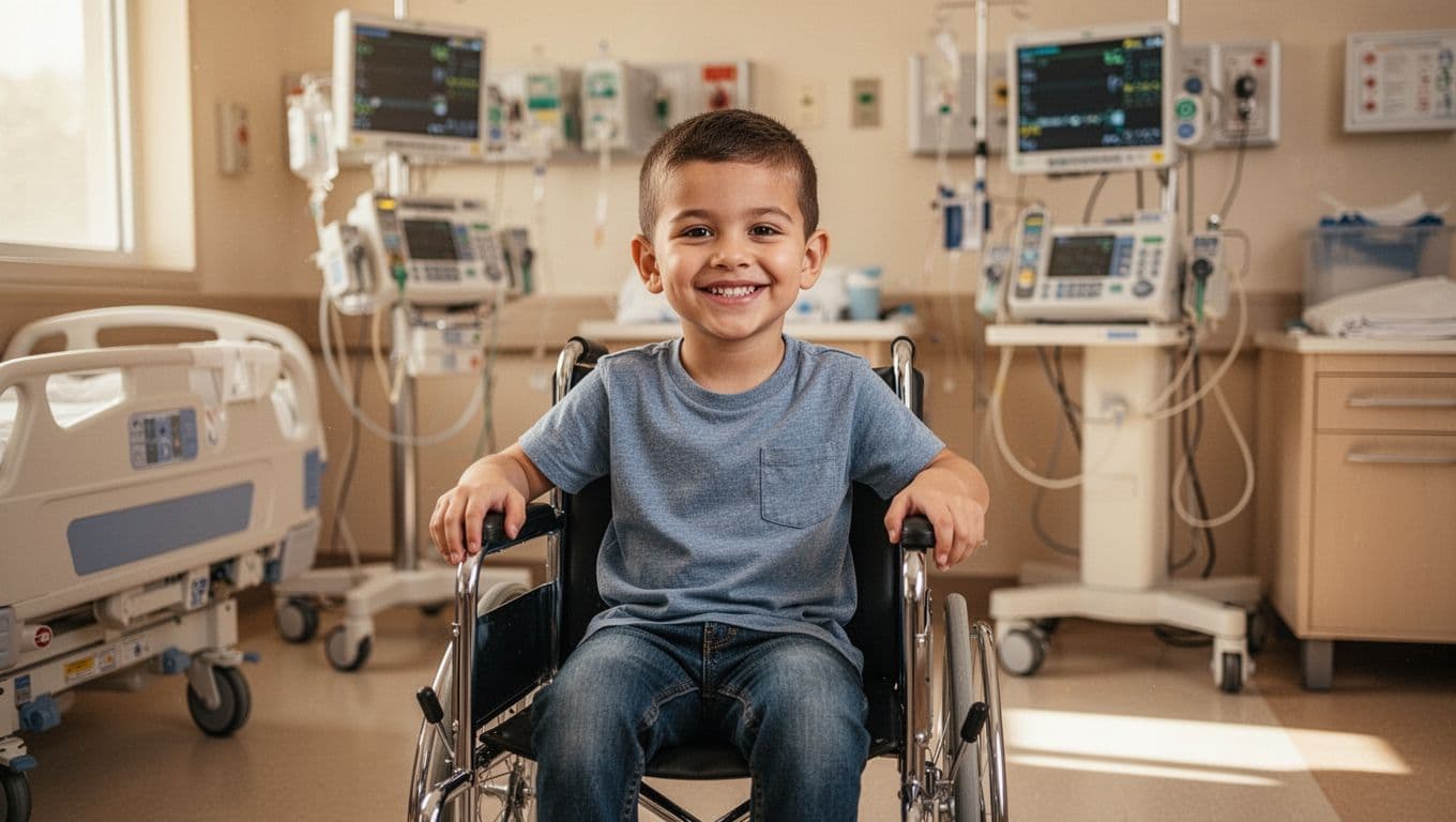 A cheerful 8-year-old boy with short hair sits confidently in a wheelchair in a bright hospital room, smiling at the camera amid modern medical equipment and warm lighting.