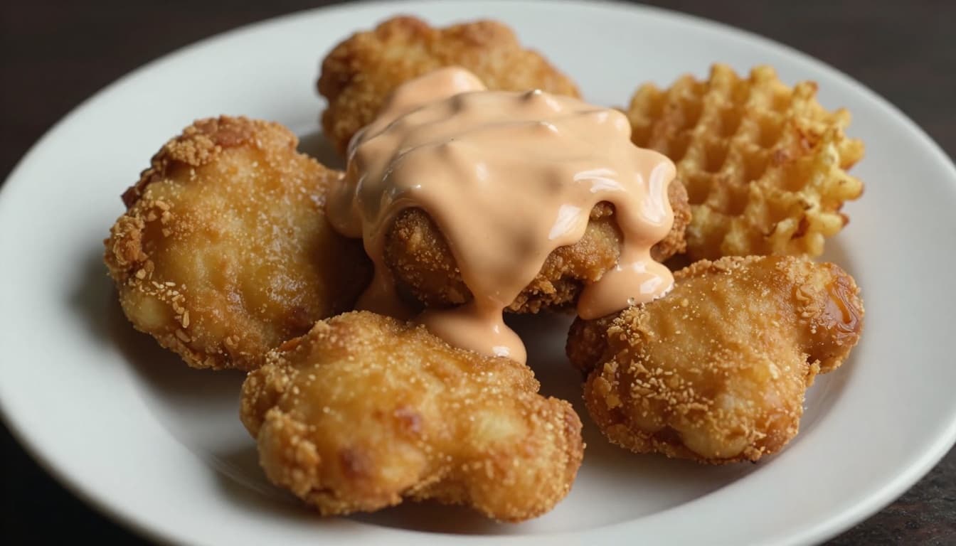 Crispy golden chicken nuggets and waffle fries on a white plate, drizzled with creamy orange homemade Chick-fil-A sauce. Overhead close-up with cinematic lighting, steam rising, and sauce pooling.