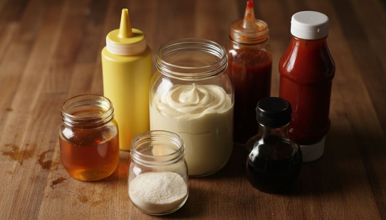 Fresh ingredients for homemade Chick-fil-A sauce copycat including mayonnaise, honey, yellow mustard, barbecue sauce, ketchup, Worcestershire sauce, and garlic powder arranged neatly on a wooden kitchen counter. Overhead close-up composition with cinematic style, strong contrast, and dramatic side lighting.