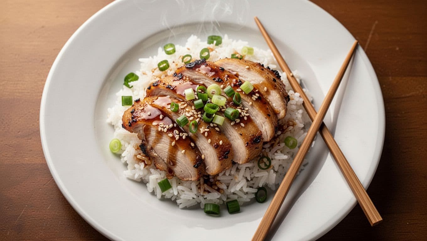Overhead view of sliced grilled chicken in teriyaki sauce over white rice on white plate, topped with sesame seeds and green onions, chopsticks nearby.